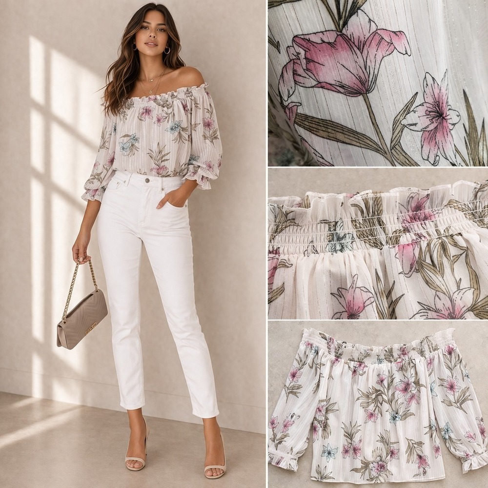 WHBM Flowy‎ Pink Floral Feminine off the Shoulder 3/4 sleeve Blouse Top $69 M